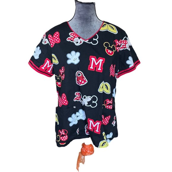 Disney Minnie Mouse Womens Scrub Top L Black Red Cartoon Print Cotton Blend V-Ne - Picture 1 of 5